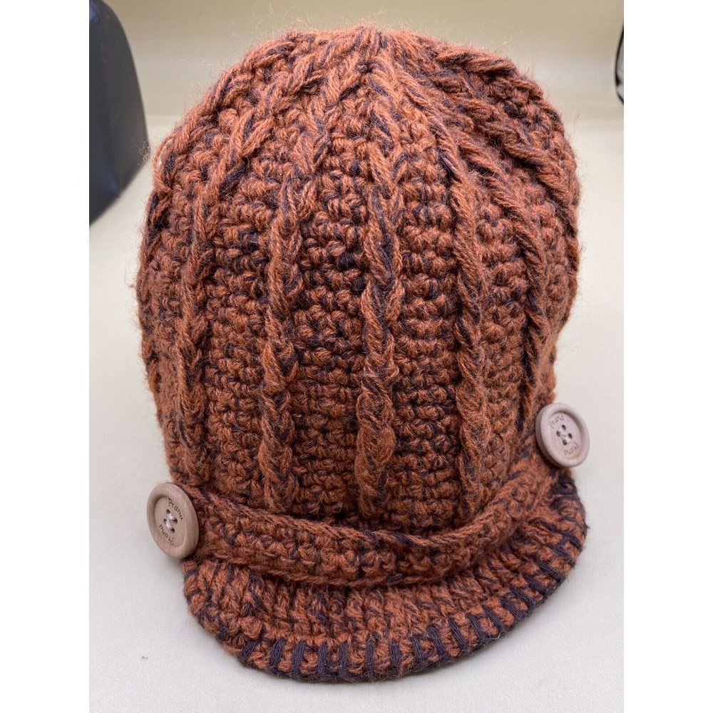 Prana Women’s Small Youth Rust Cadet Style Knit Hat Wood Buttons - Picture 4 of 11